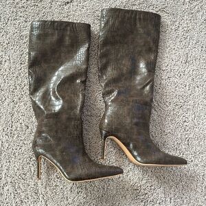 Chocolate PU Croc Detail Point Toe Stiletto Heeled Knee Boots